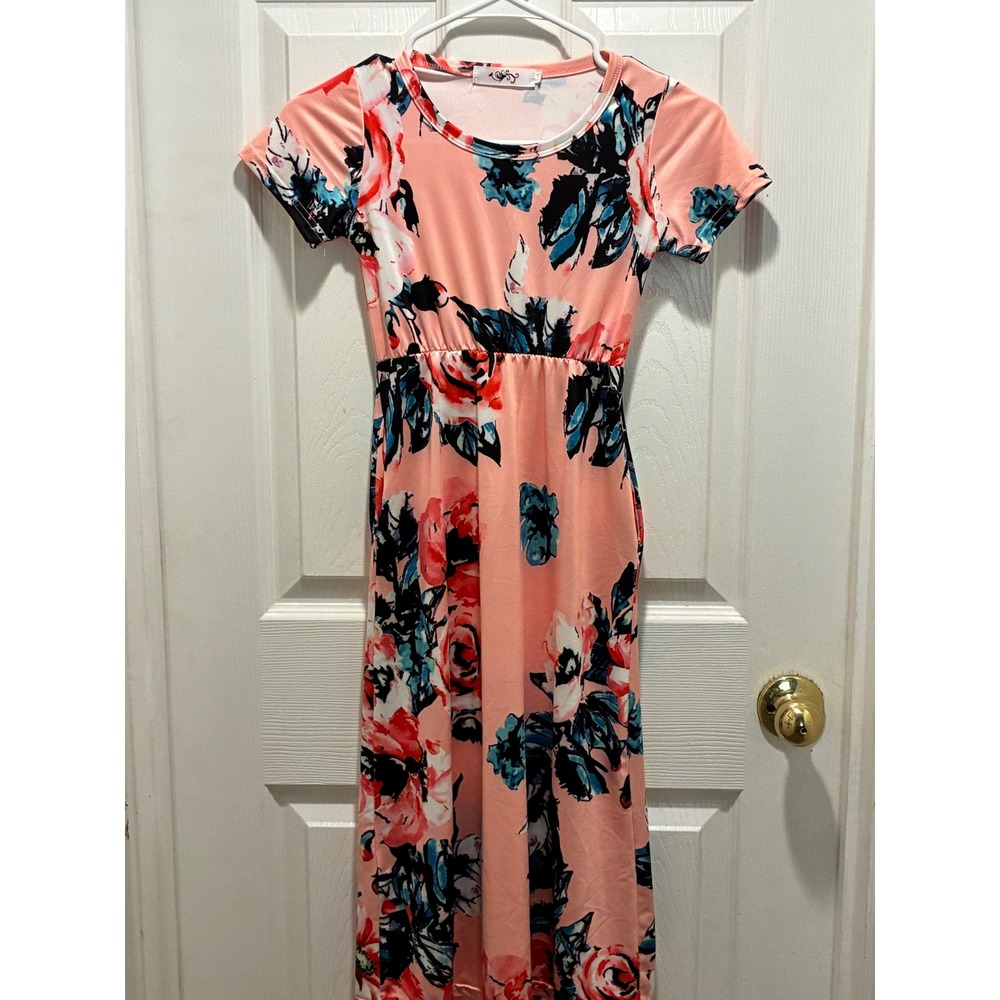 Girls Pink Floral Maxi Dress Short Sleeve Empire Waist Pocket Gown Size 110